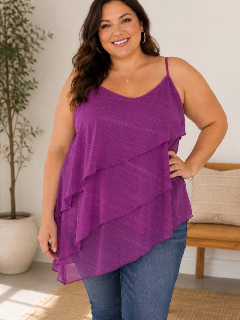 ING Purple Layered Chiffon Tank Top | Asymmetrical Tiered 3X